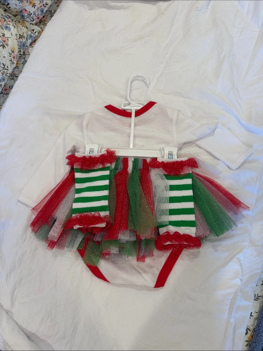 Baby Essentials White One-Piece with Red Trim and Green/Red Tulle Skirt
